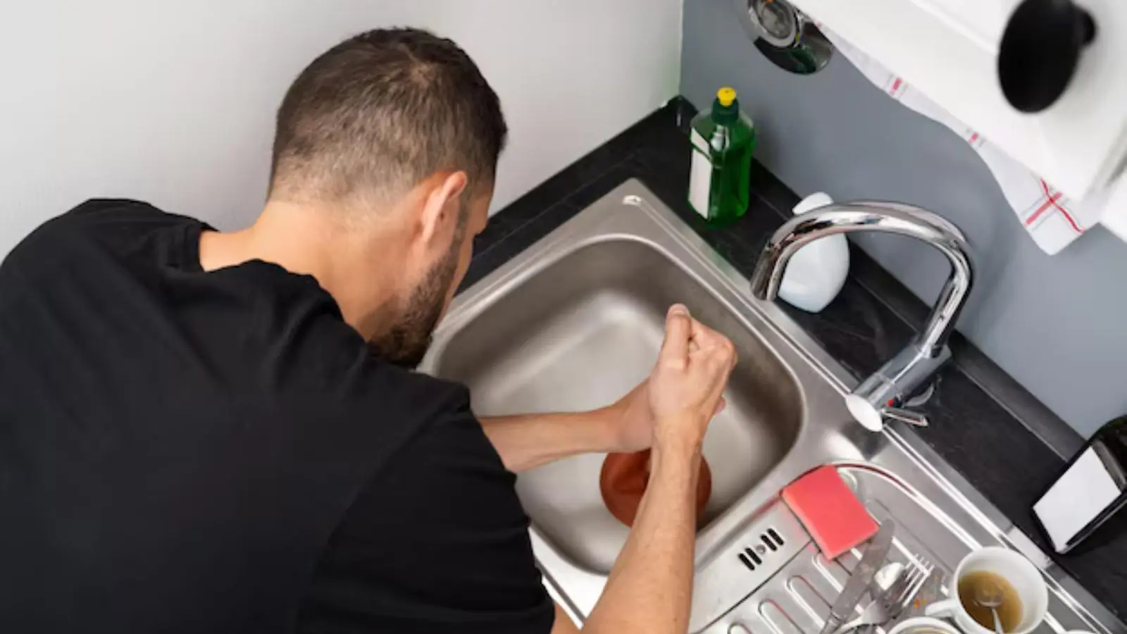 Person checking the plumbing under a kitchen sink