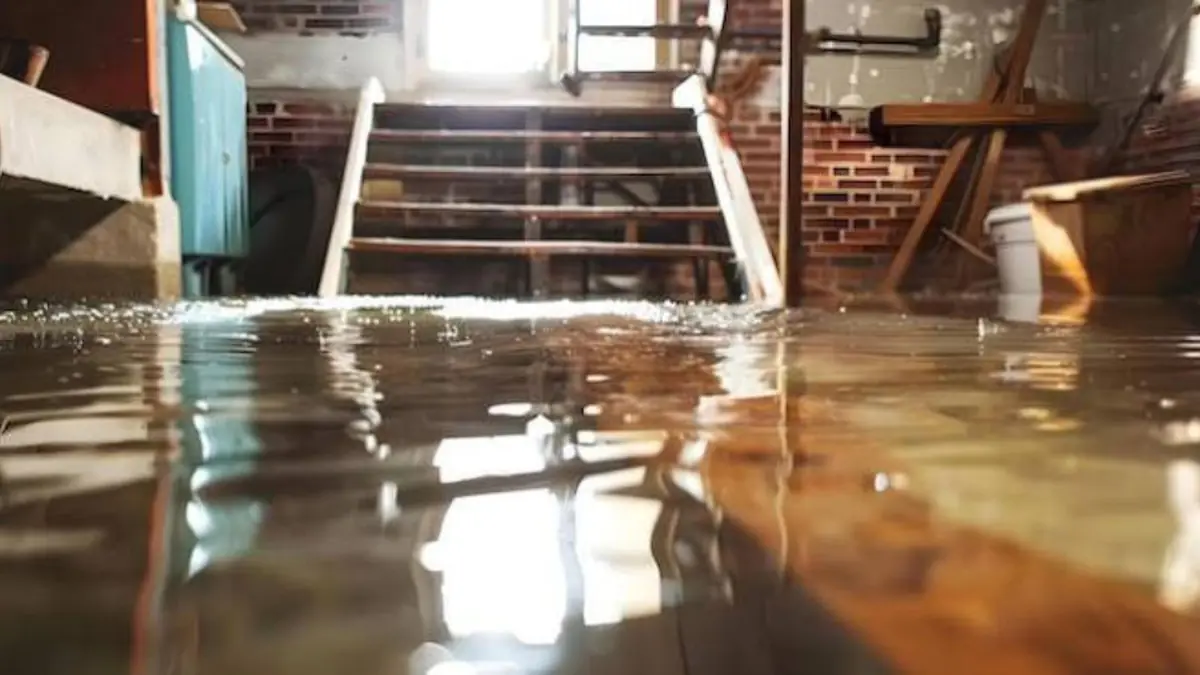 Floodwater standing on a basement stairway and floor