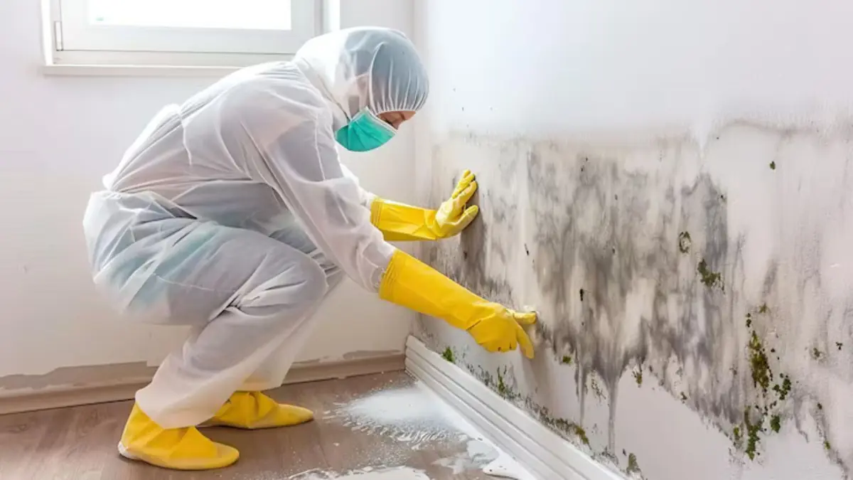 Remediation worker in protective gear cleaning mold from a baseboard
