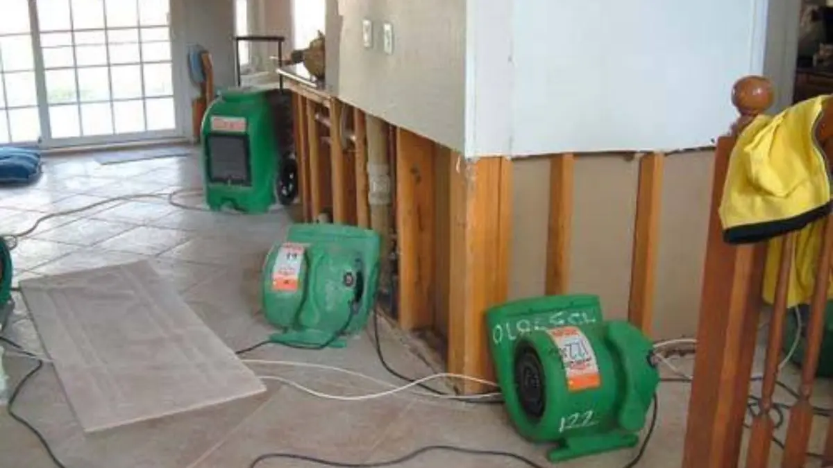 Water-damaged wall opened up with air movers drying the room