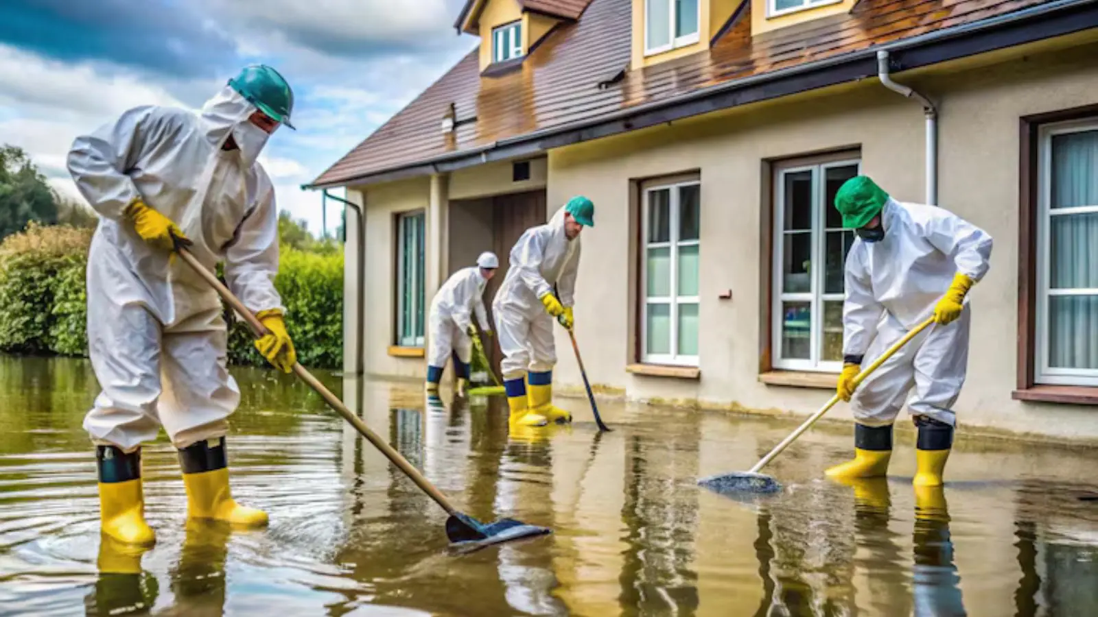 Restoration crew in protective suits cleaning up outside a flooded home