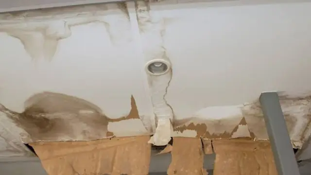 Water-damaged ceiling with peeling paint and a stained light fixture