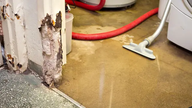 Wet vacuum hose cleaning a damp floor next to damaged baseboard