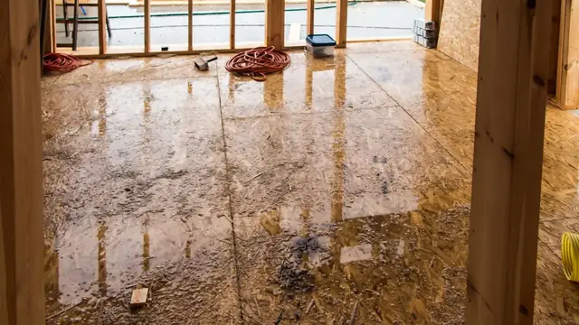 Warped hardwood floor in a room after water exposure
