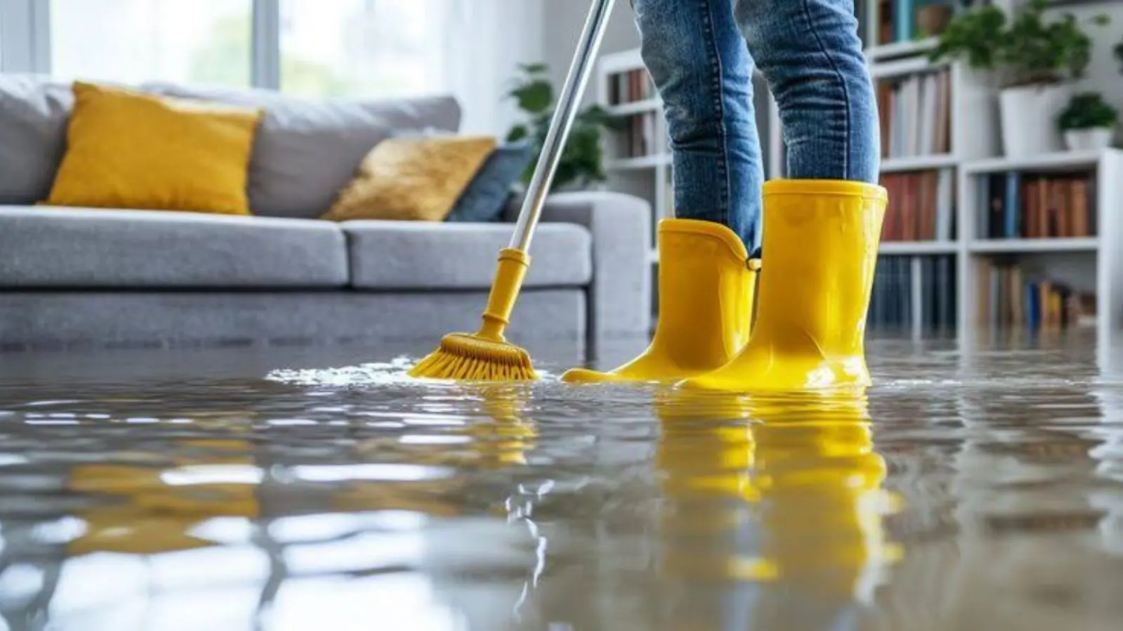 Cleanup worker in rubber boots mopping a water-damaged living room